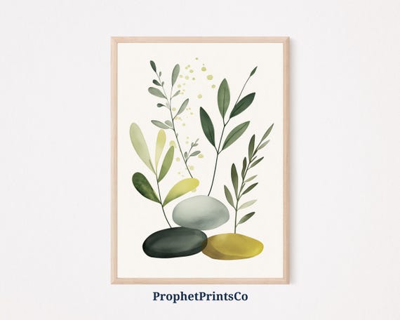 Botanical Stones Print Minimalist Wall Art Greenery Art Natural Elements Art Modern Plant Decor Zen Home Decor