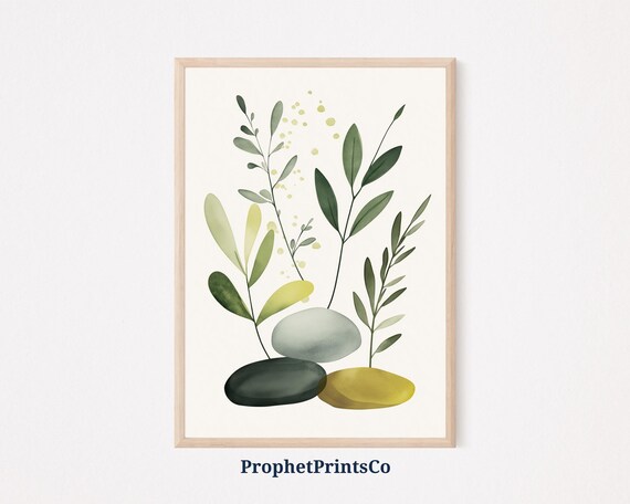 Zen Stones Minimal Watercolor Leaf Sprigs Natural Calm Decor Poster