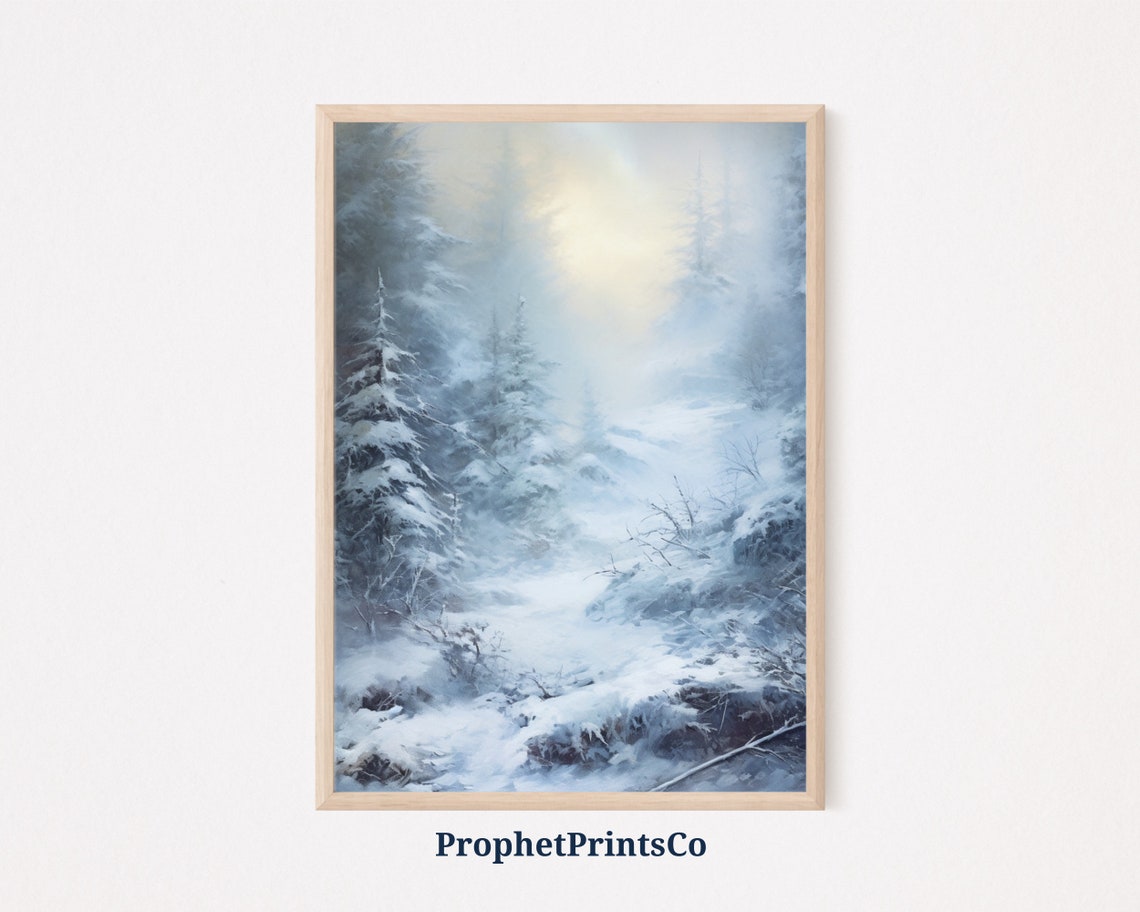 Snowy Pine Valley Oil Painting Glowing Winter Sun Mist Poster