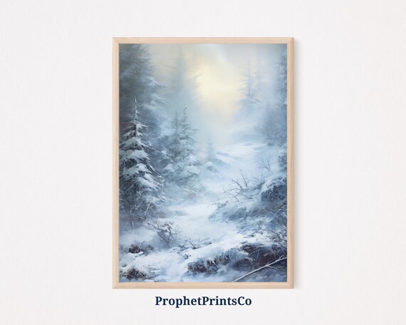 Snowy Pine Valley Oil Painting Glowing Winter Sun Mist Poster