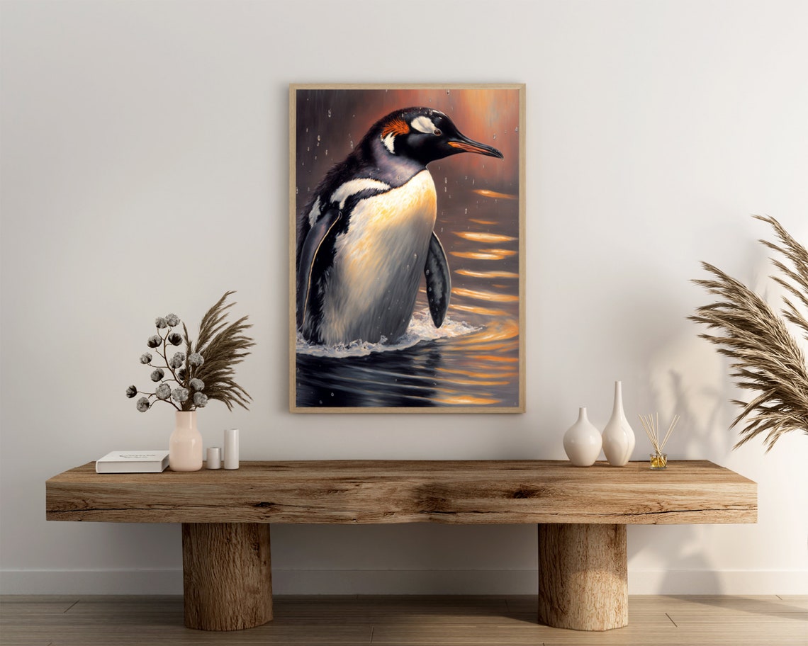 Gentoo Penguin Wading Golden Sunset Water Oil Painting Poster - Image 3