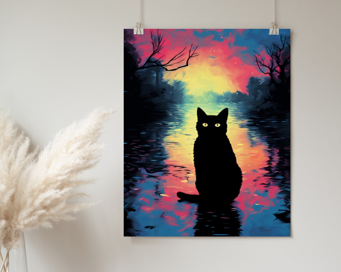 Black Cat Silhouette Glowing Eyes Neon Sunset Lake Art Poster - Image 2
