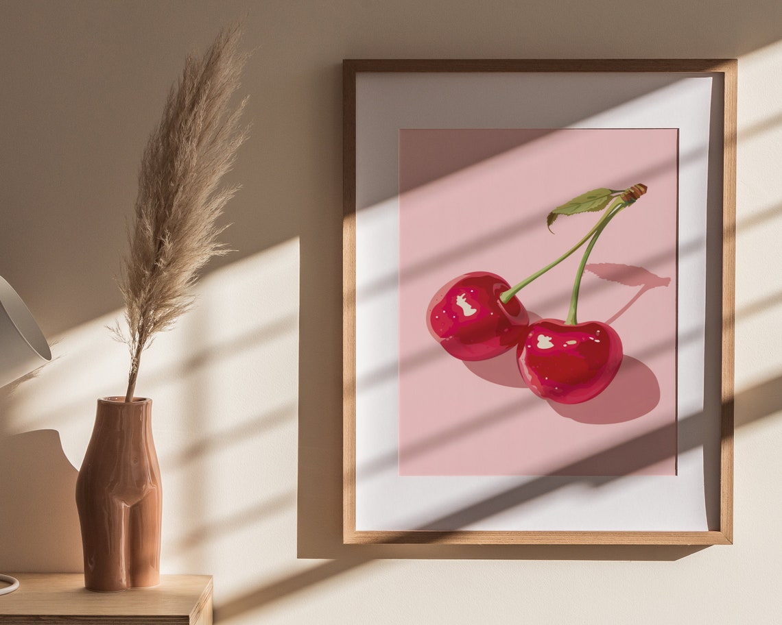 Glossy Cherry Pair Long Shadow Pink Pop Art Retro Fruit Kitchen Poster - Image 4