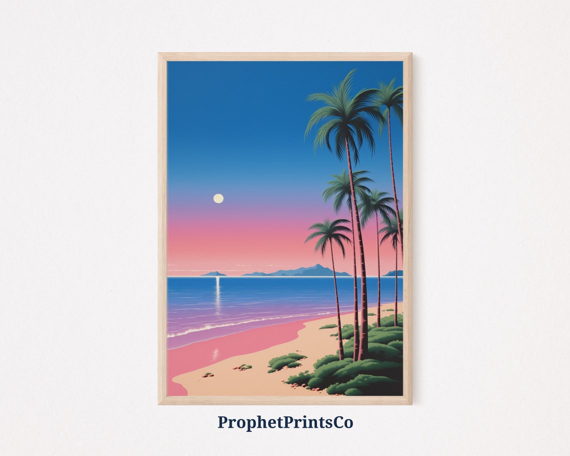 Tropical Sunset Beach Palm Trees Pink Sky Ocean Waves Travel Poster