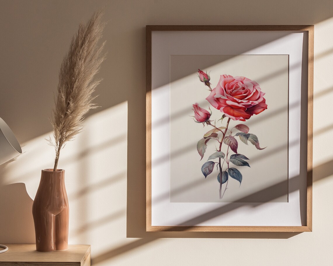 Vintage Pink Rose With Buds Botanical Floral Illustration Poster - Image 4