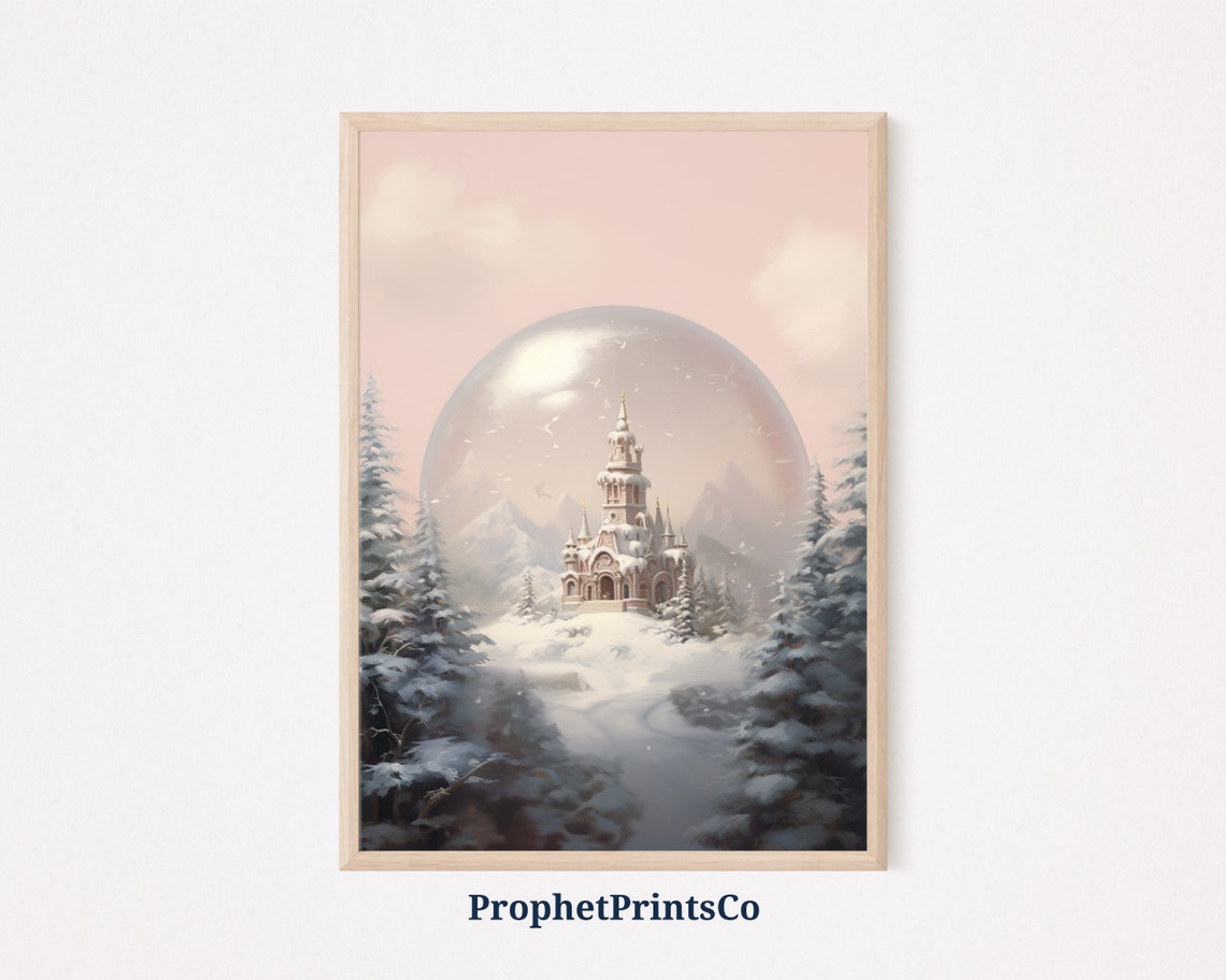 Winter Castle Snow Globe Pink Sky Christmas Fairytale Poster