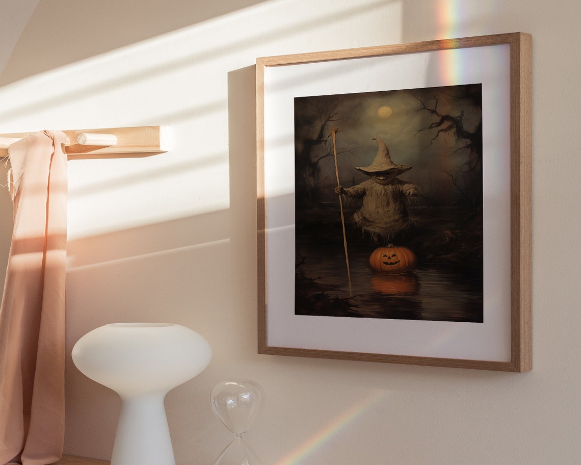 Spooky Witch Figure On Pumpkin Moonlit Swamp Halloween Poster - Image 3