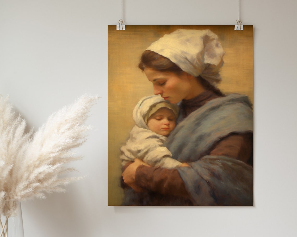 Mother Holding Sleeping Baby White Cap Tender Oil Painting Poster - Image 2