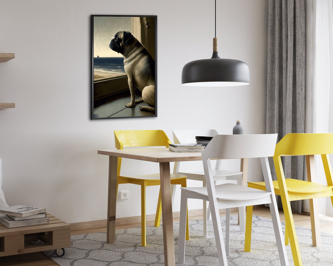 Pug Dog Profile Looking At Ocean Through Window Antique Oil Art Poster - Image 2