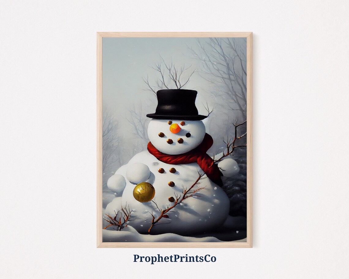 A Jolly Snowman in Top Hat and Red Scarf Misty Winter Woods Vintage Poster