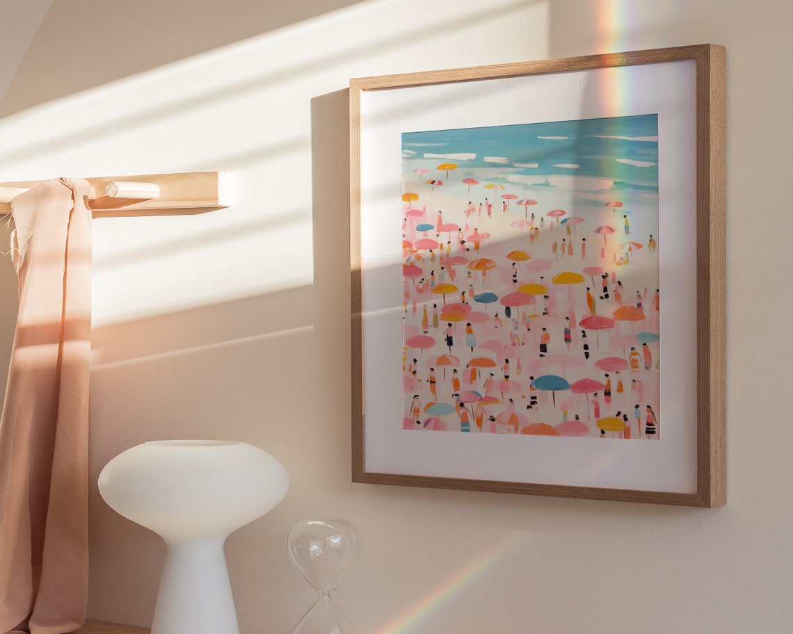 Pink Beach With Colorful Umbrellas Crowded Summer Shoreline Art Poster - Image 3