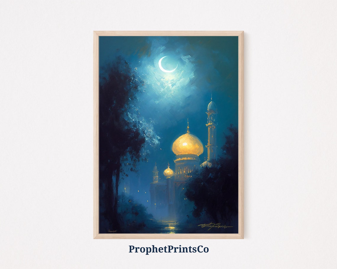 Golden Domed Mosque Under a Crescent Moon Night Painting Poster