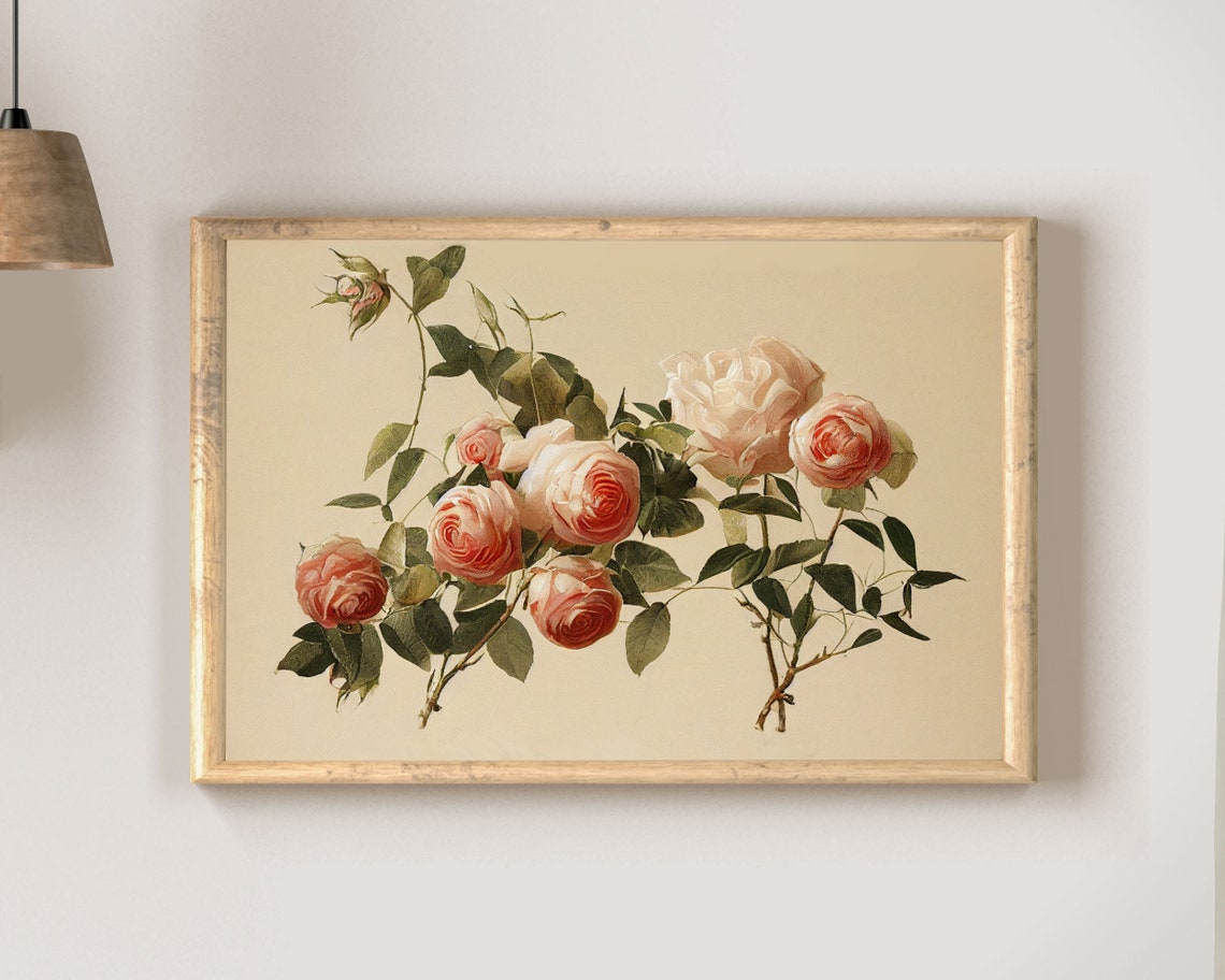 Vintage Pink Rose Botanical Illustration Cream Background Art Poster - Image 2