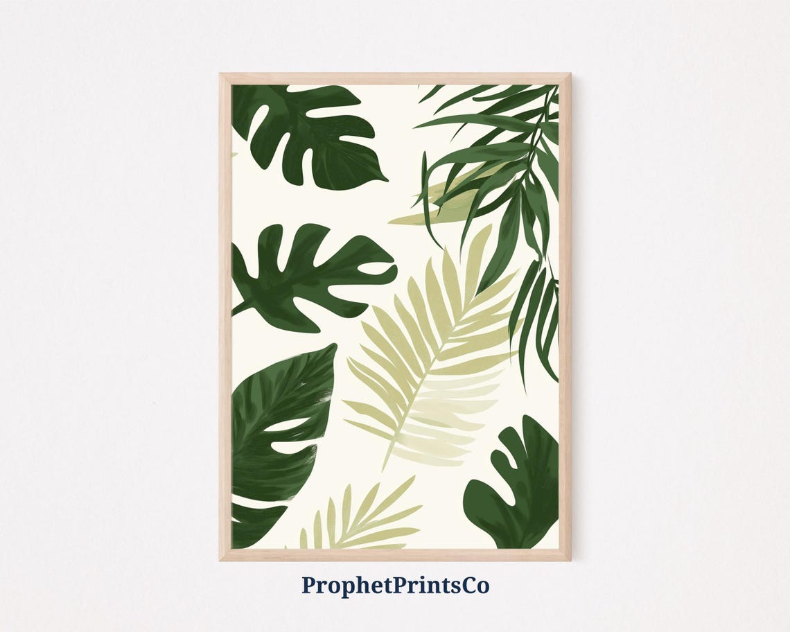 Tropical Leaves Monstera Palm Fronds Scattered Pattern Modern Poster