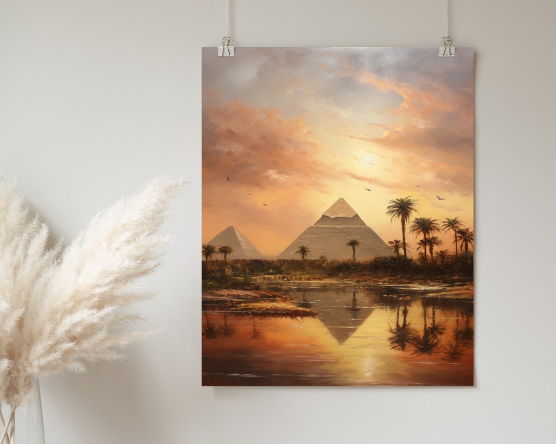 Giza Pyramids Sunset Palms Reflection Oil Painting Egypt Poster - Image 2