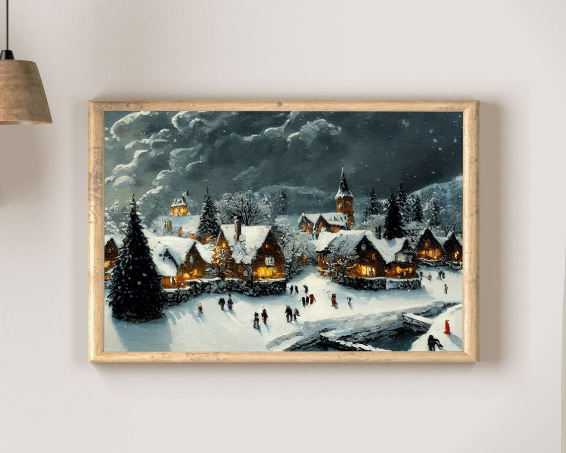 Snowy Village At Night Winter Skating Vintage Christmas Scene Poster - Image 2