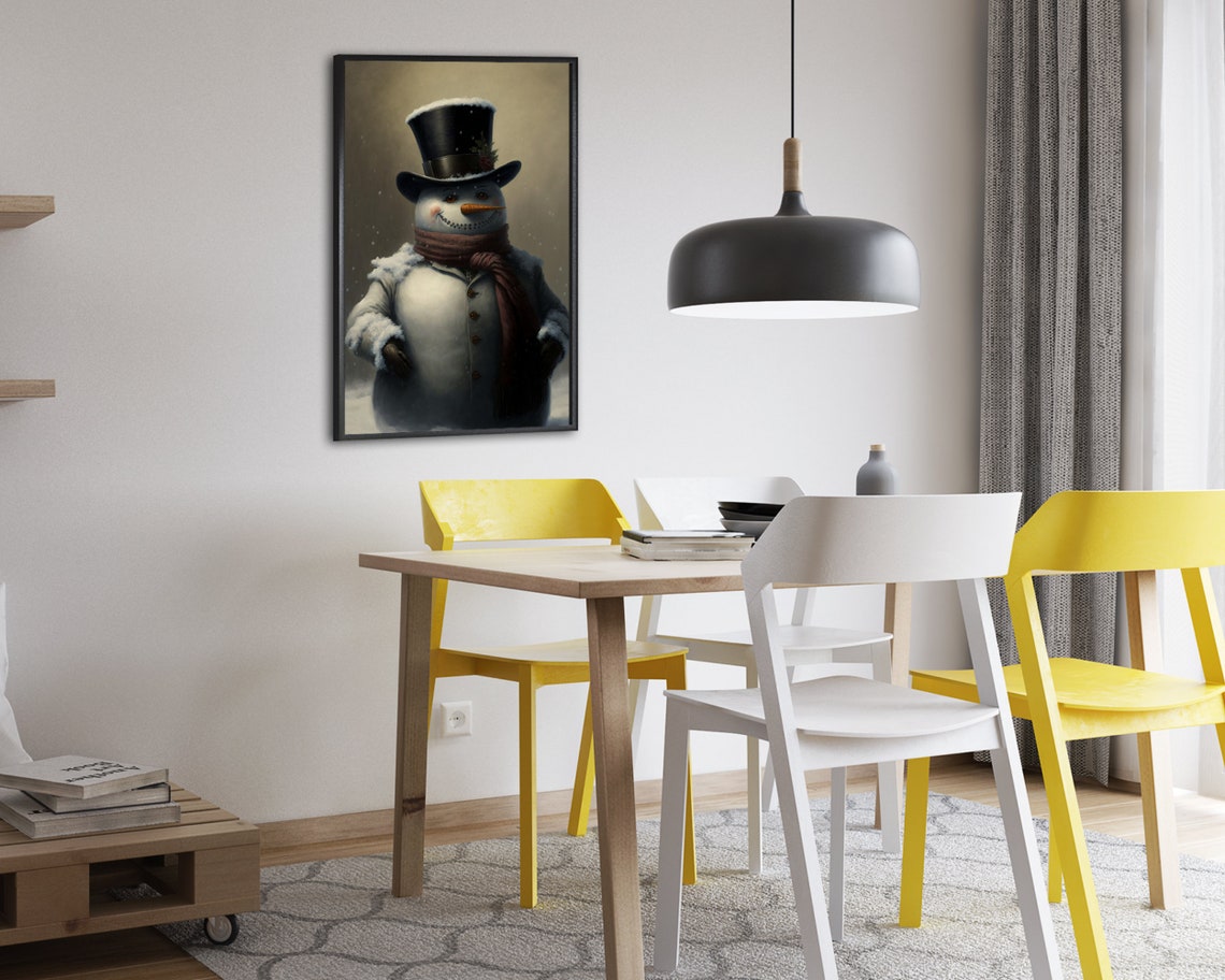 Dapper Snowman Top Hat Burgundy Scarf Painted Winter Art Poster - Image 2