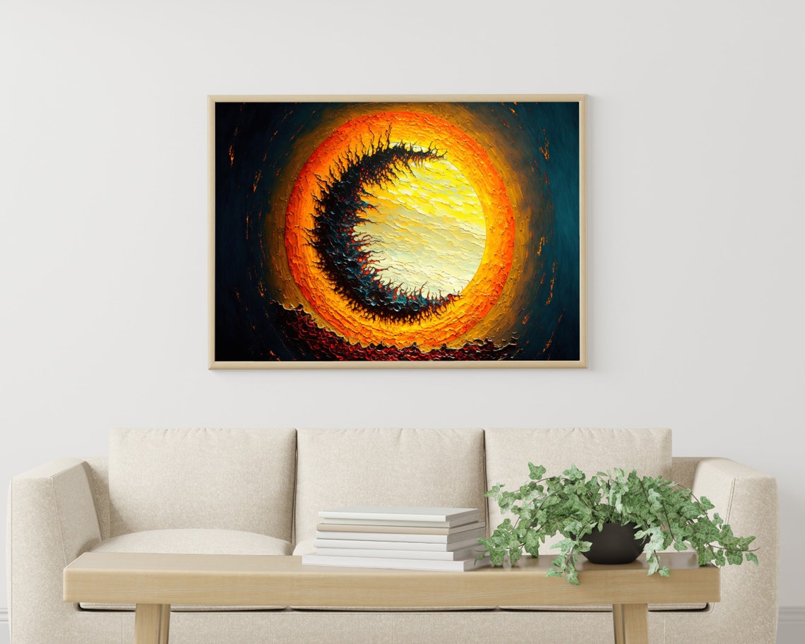 Dramatic Solar Eclipse With Dark Crescent Moon Oil Art Poster - Image 3