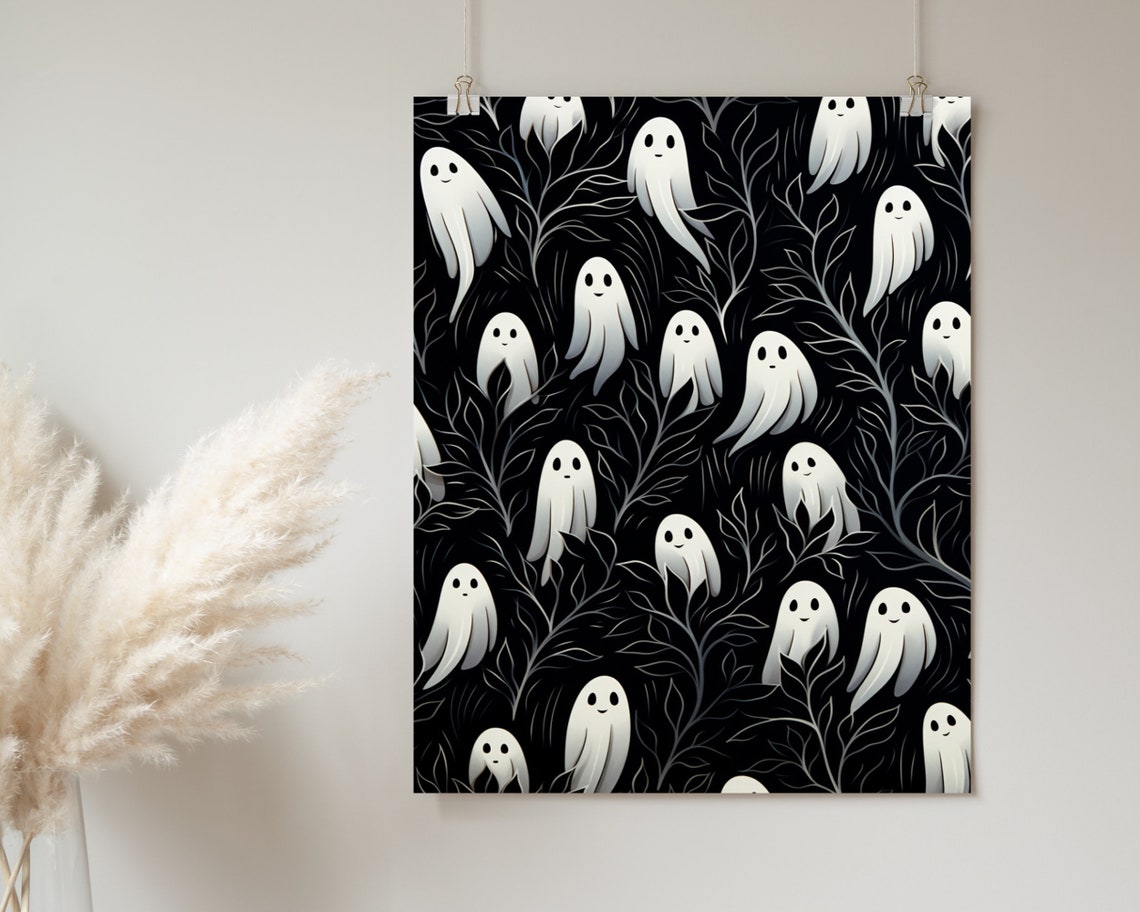Cute Ghosts Pattern On Black Botanical Night Halloween Art Poster - Image 2