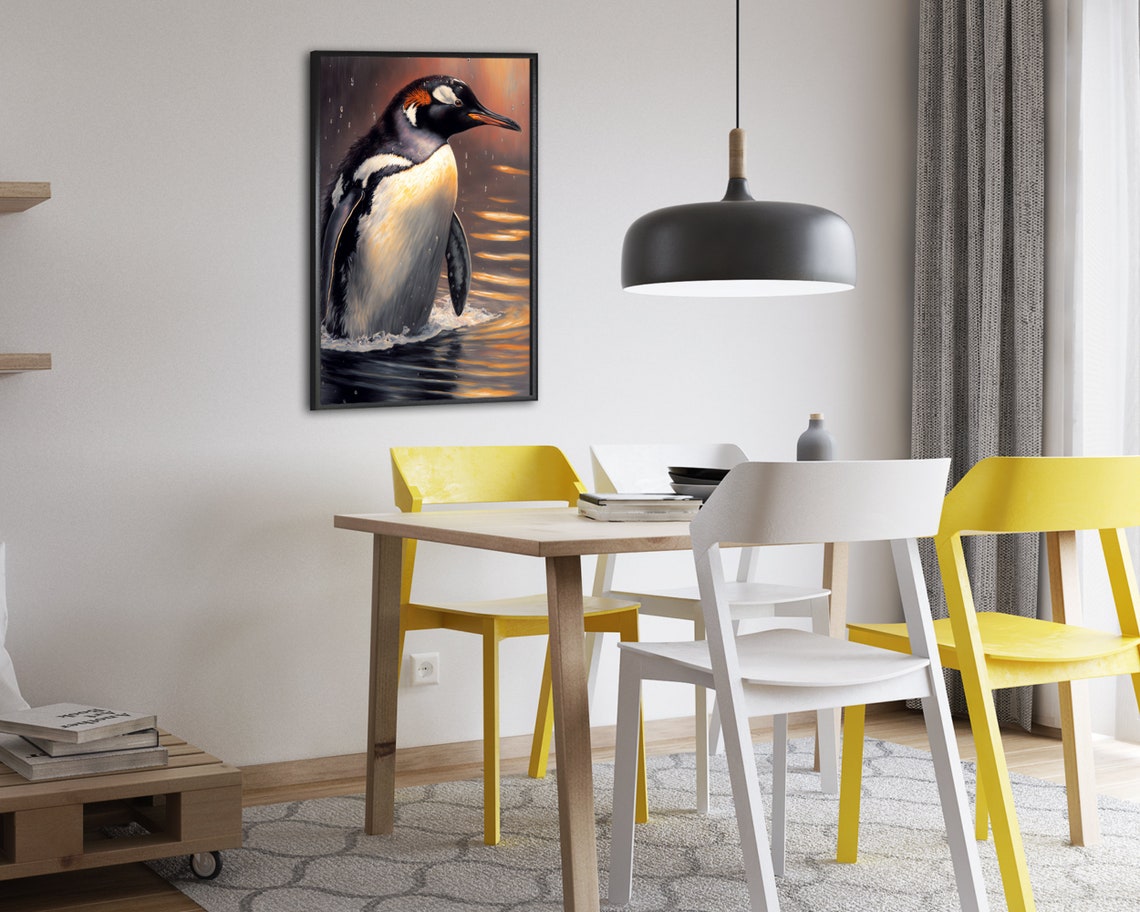 Gentoo Penguin Wading Golden Sunset Water Oil Painting Poster - Image 2