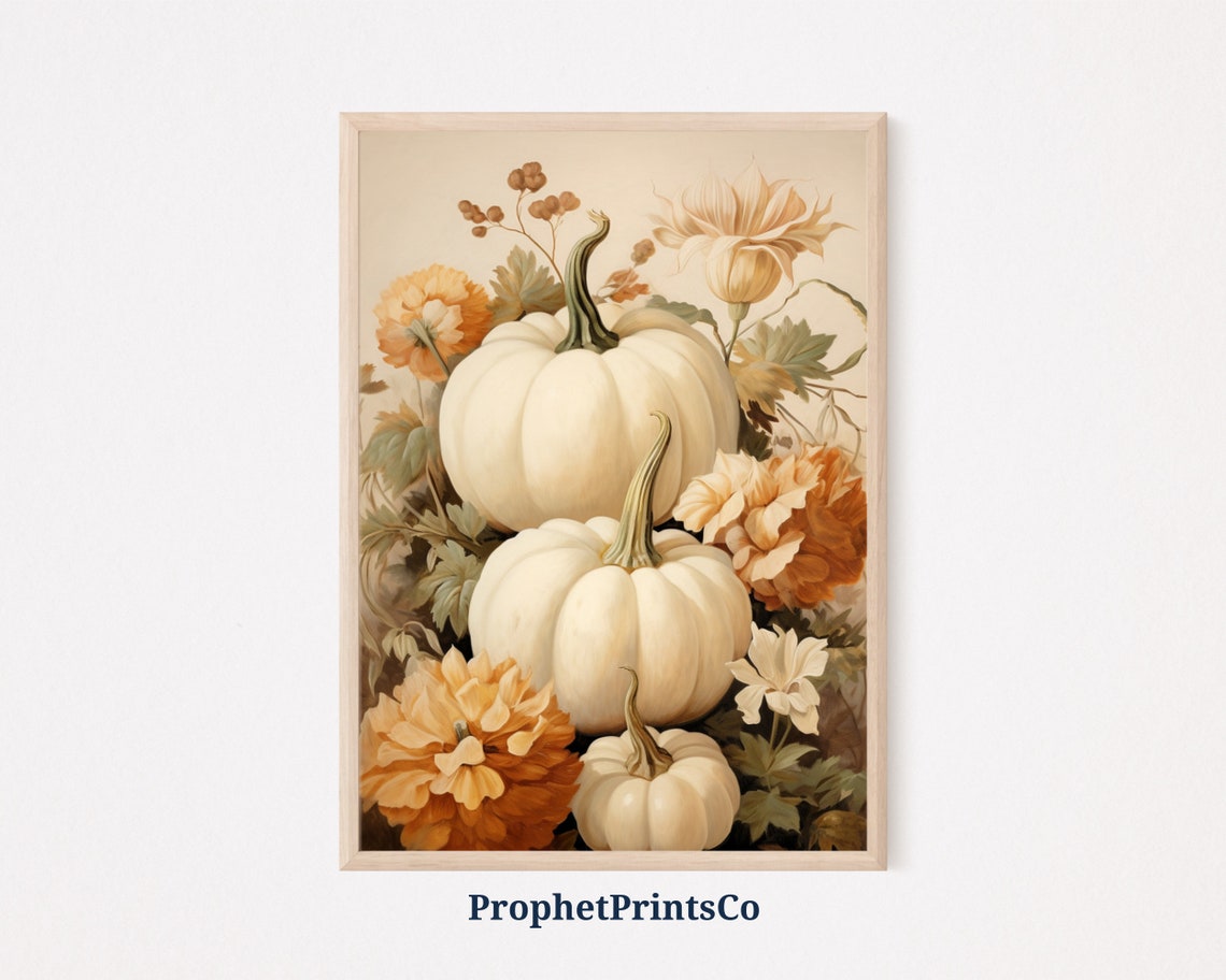 White Pumpkins With Autumn Flowers Muted Farmhouse Fall Art Poster