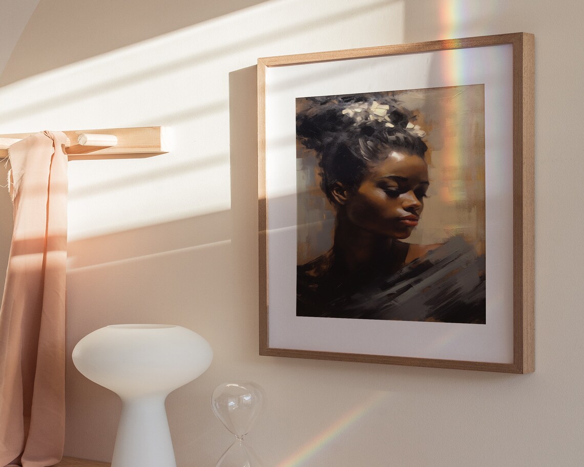 Black Woman Downcast Gaze Flower Hair Dark Oil Painting Poster - Image 3