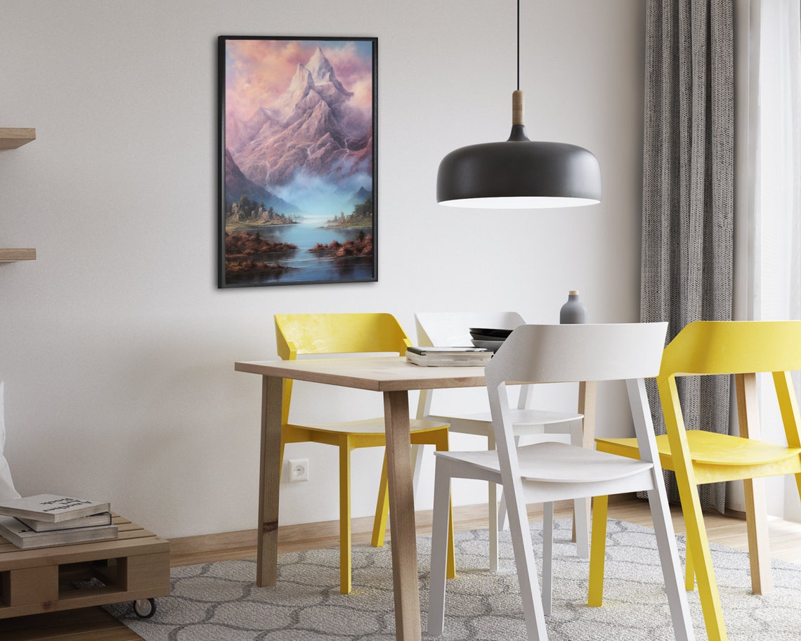 Lavender Mountain Peak Oil Painting Misty Lake Pastel Peaks Poster - Image 2