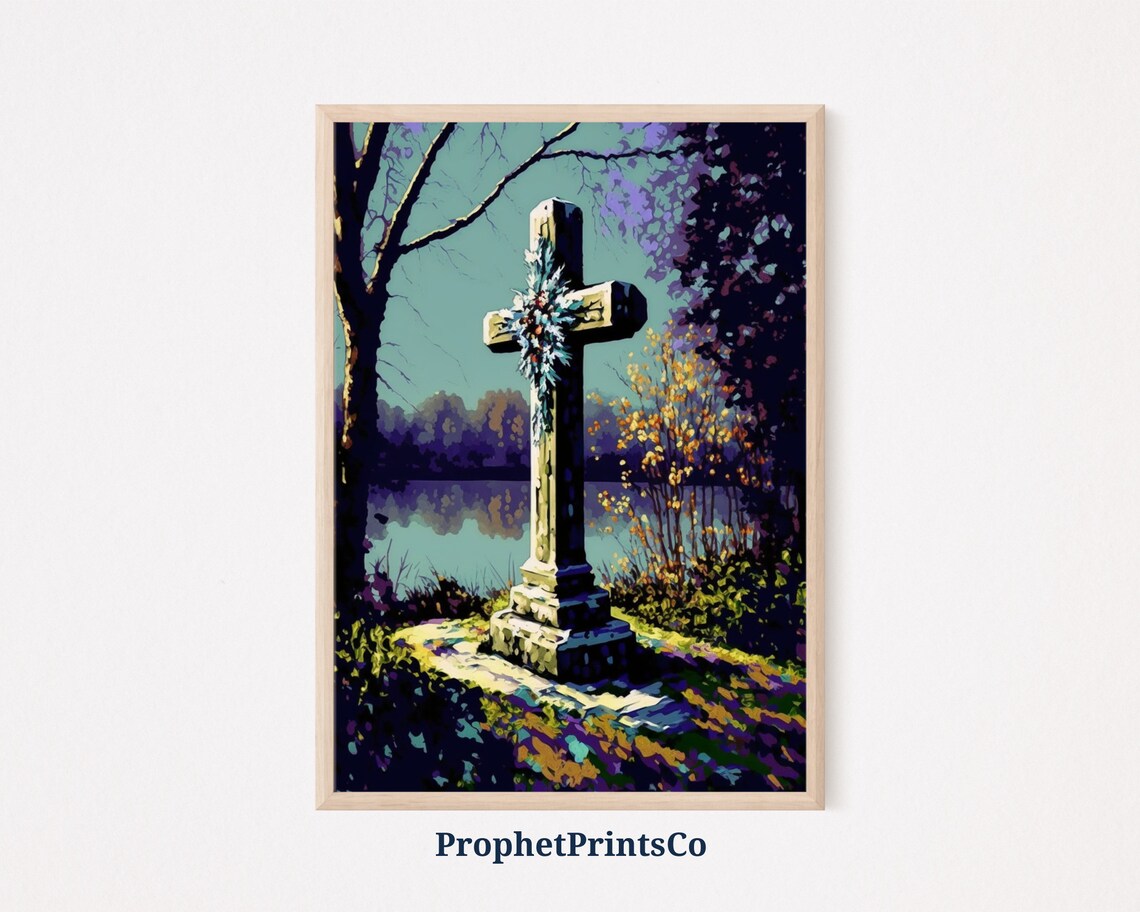 Wreathed Stone Cross by a Quiet Lake in Teal Autumn Light Poster
