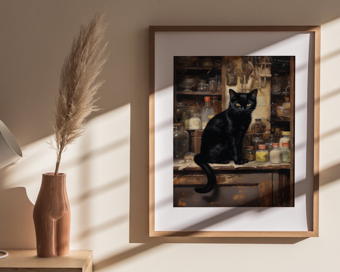 Black Cat On Vintage Apothecary Counter Painterly Cat Art Poster - Image 4