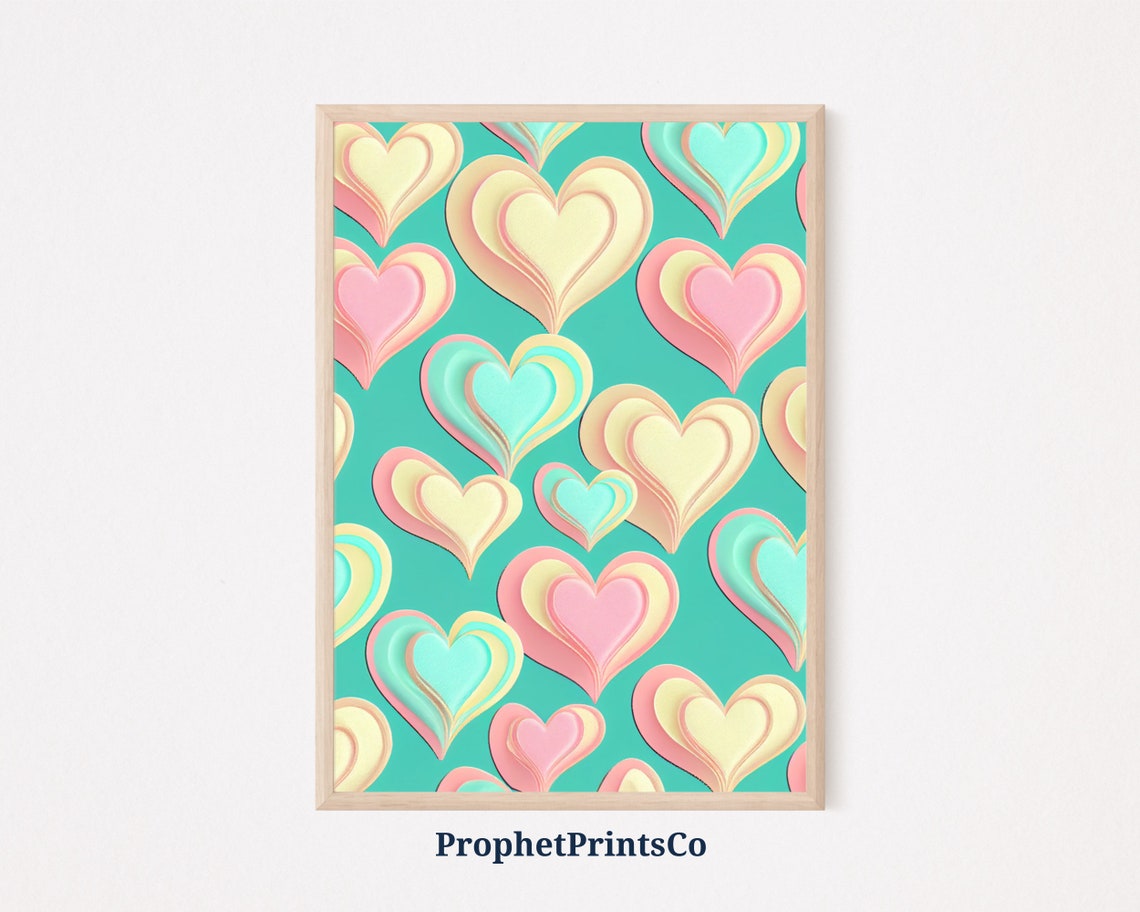 Pastel 3D Hearts Layered Paper Cut Cream Pink Mint On Teal Poster