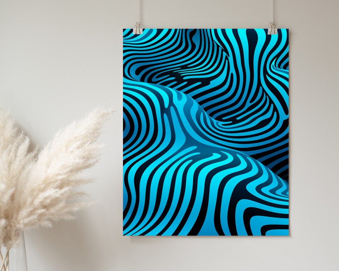 Teal Striped Flowing Ribbon Optical Illusion 3D Ocean Wave Poster - Image 2