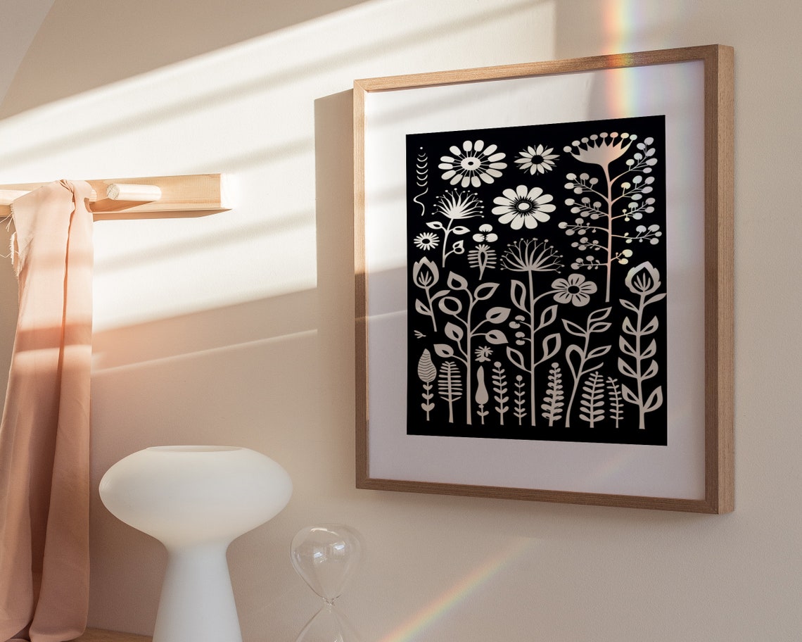 Black And White Floral Pattern Print Boho Wall Art Mid Century Print Cute Eclectic Home Dcor Wall Art - Image 3