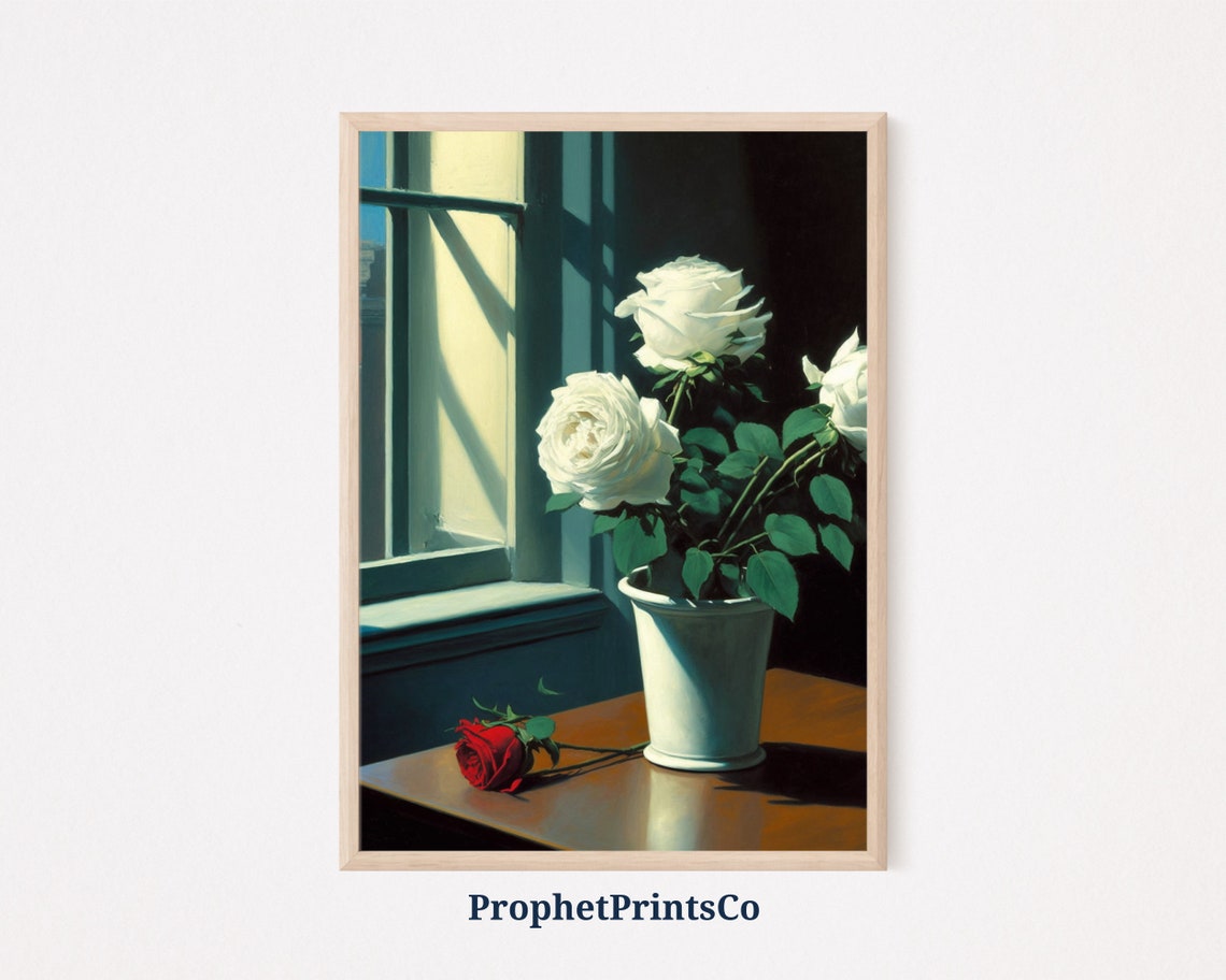 White Roses By Window With Red Rose Chiaroscuro Still Life Poster