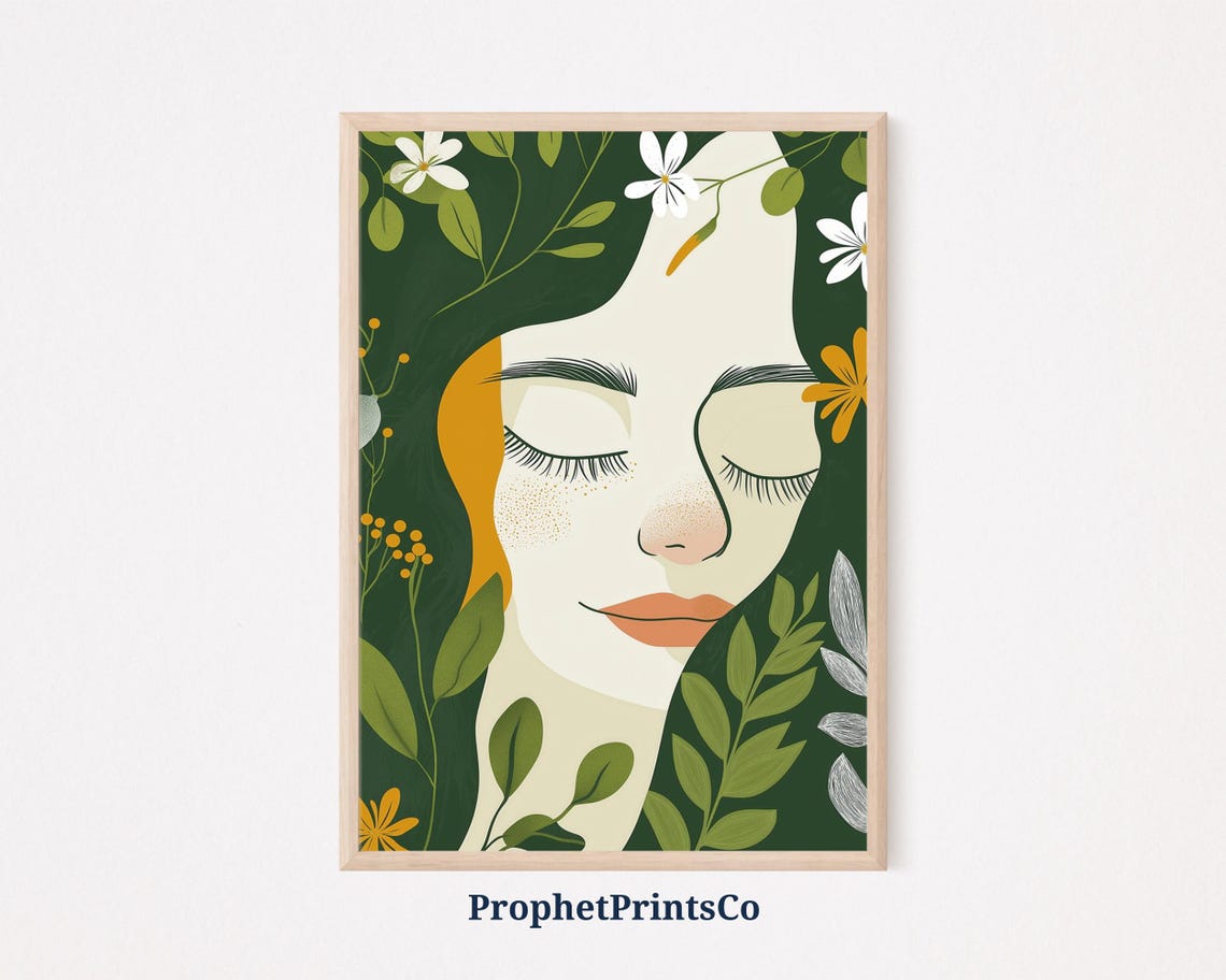 Bohemian Floral Crown Woman Portrait Green Botanical Garden Poster