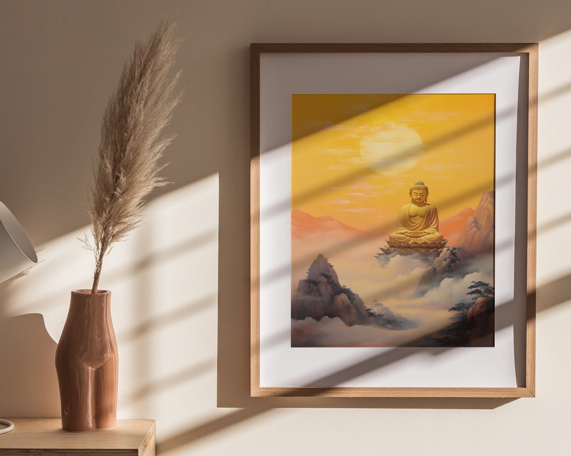 Golden Buddha Meditating Above Clouds Sunset Painting Poster - Image 4