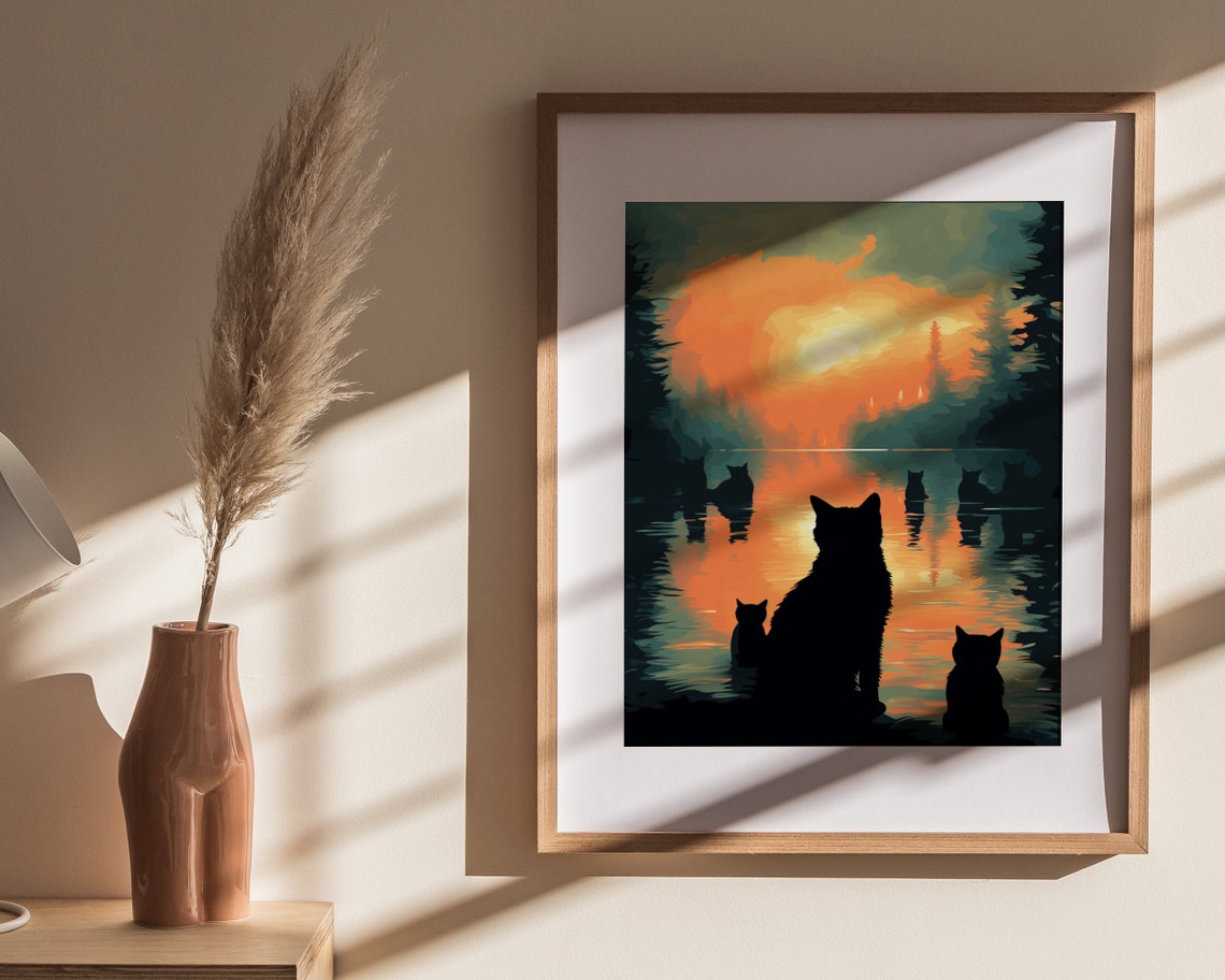Black Cat Silhouettes Watching Sunset Over Forest Lake Poster - Image 4