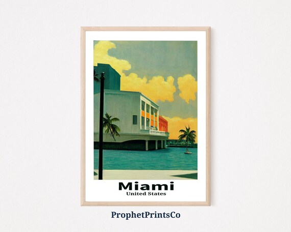 Miami Florida Waterfront Building Palms Vintage Travel Poster