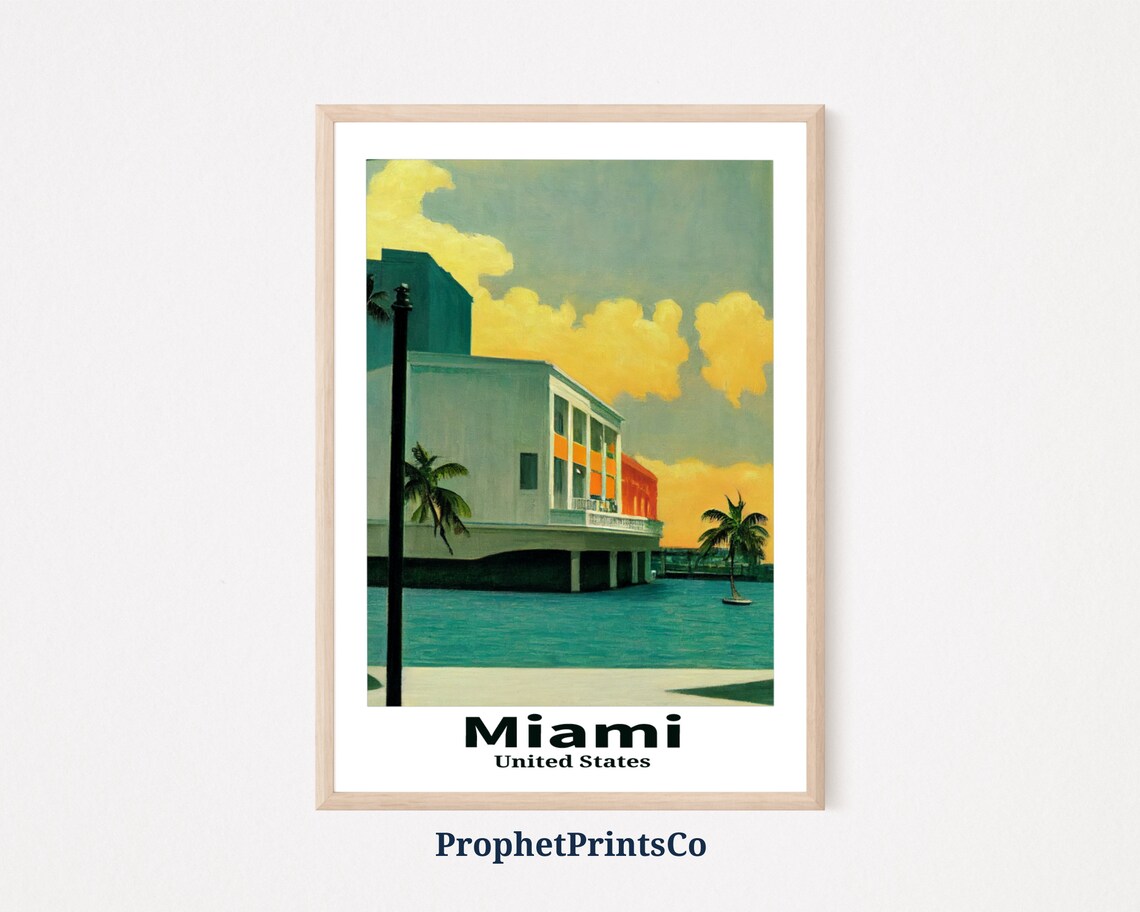 Miami Florida Waterfront Building Palms Vintage Travel Poster