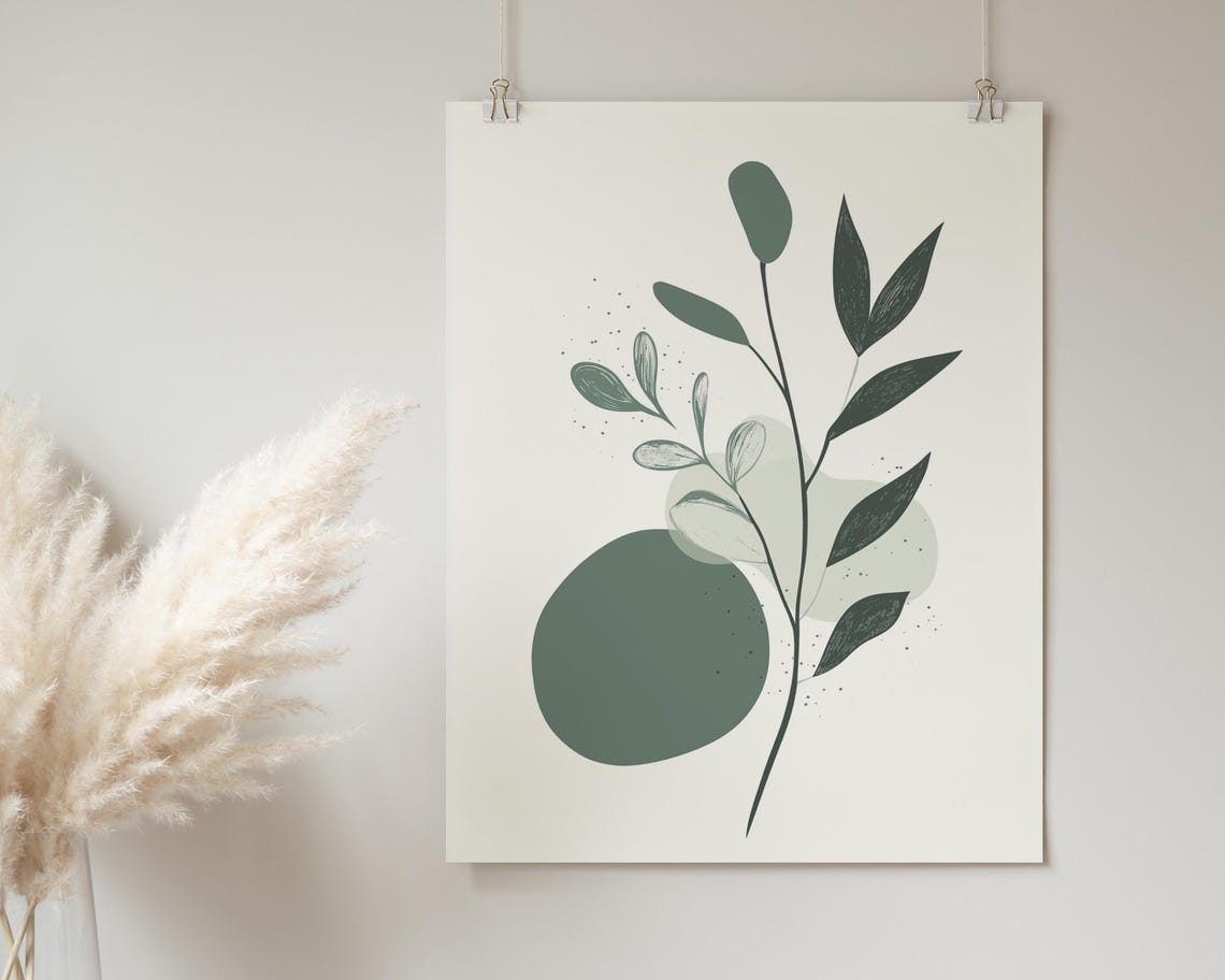Minimal Sage Sprig Line Drawing Green Circle Cream Decor Poster - Image 2