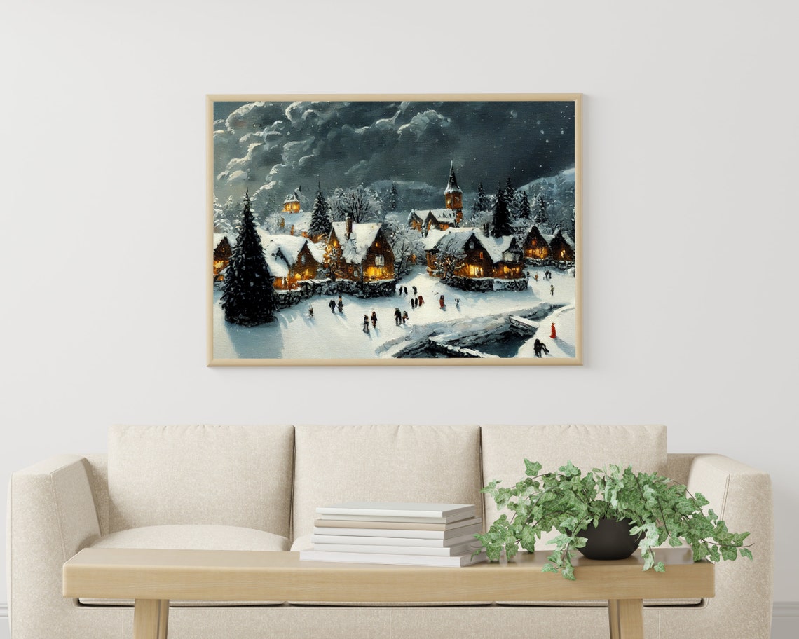 Snowy Village At Night Winter Skating Vintage Christmas Scene Poster - Image 3