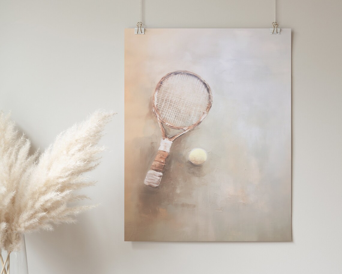 Vintage Wooden Tennis Racket Ball Soft Neutral Oil Painting Sport Poster - Image 2