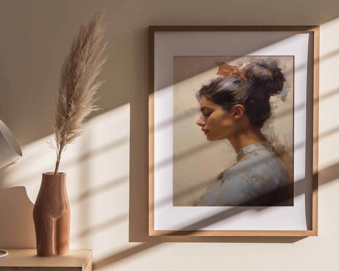Woman in Profile Dark Bun Ribbon Impressionist Oil Painting Poster - Image 4