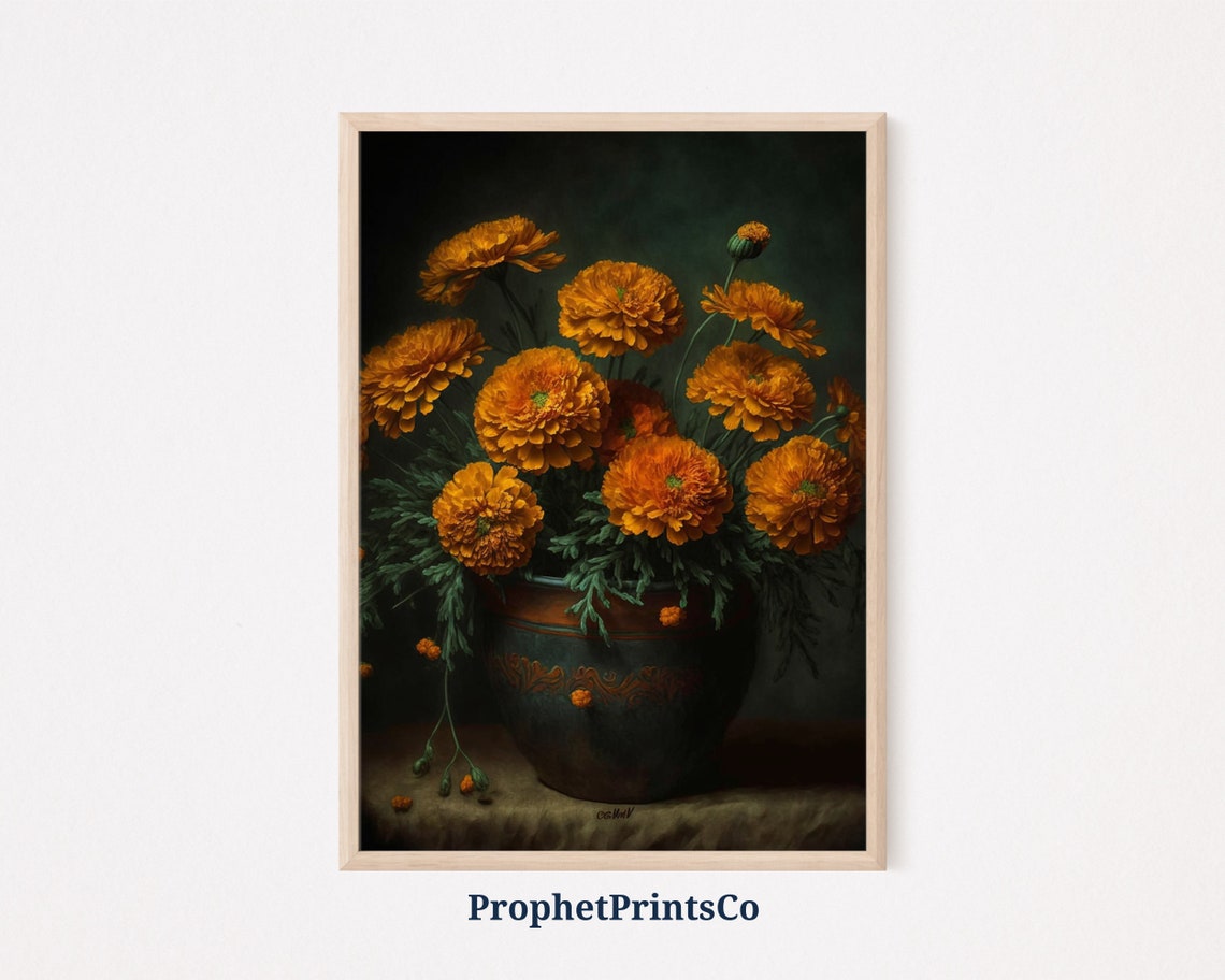 Marigold Flower Bouquet in Rustic Vase Moody Still Life Poster
