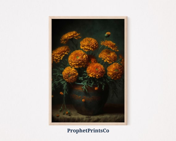 Marigold Poster Print Botanical Wall Art October Birth Flower Gift Moody Floral Home Dcor Wall Art Digitial