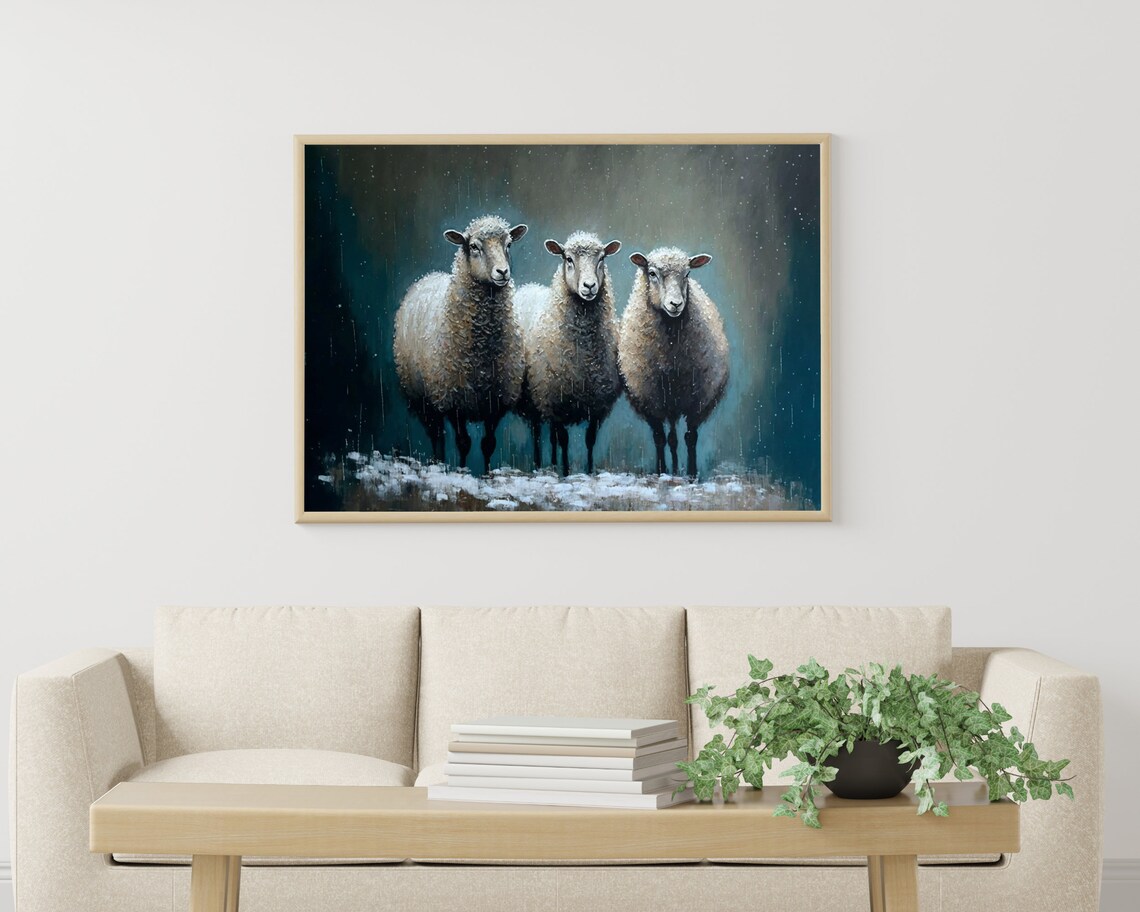Three Sheep in the Rain Moody Painterly Farmhouse Art Poster - Image 3