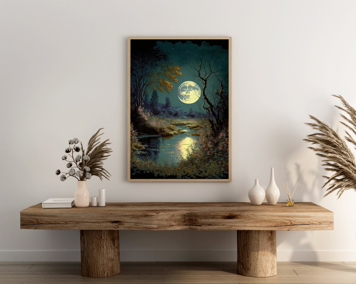 Full Moon Illuminating Winding Forest Stream at Night Poster - Image 3