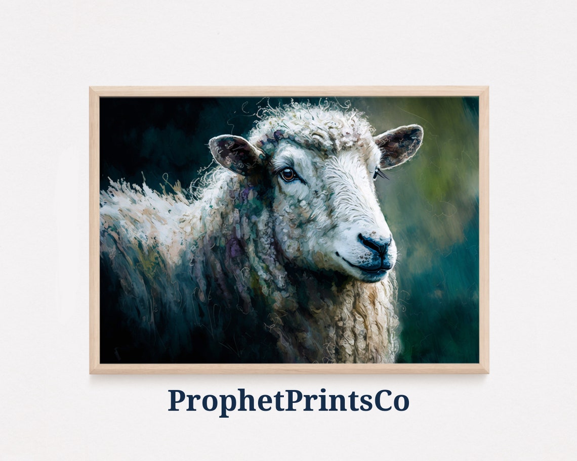 White Sheep Portrait in Painterly Style Moody Farm Art Poster
