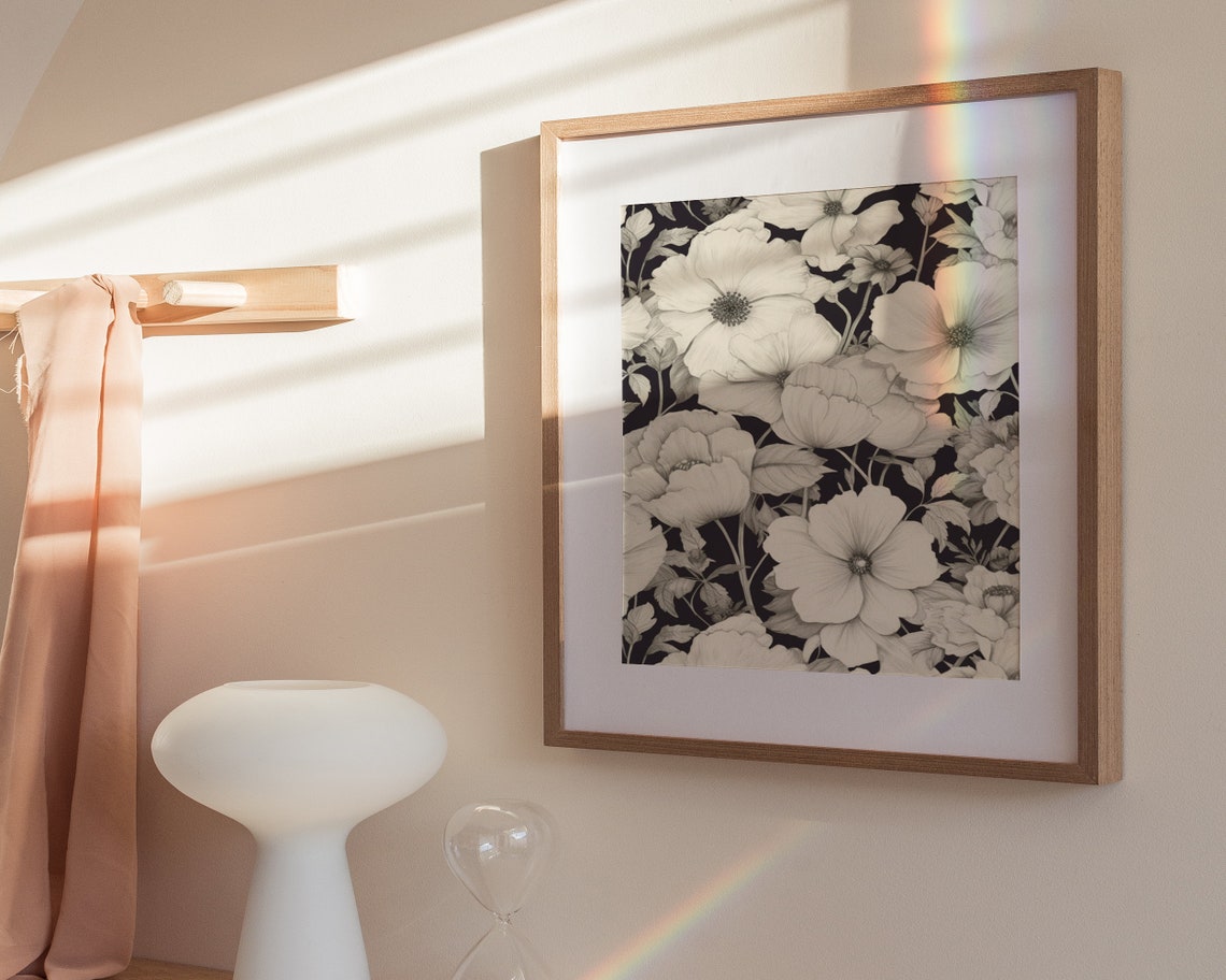 White Poppy Blooms on Black Vintage Botanical Sketch Art Poster - Image 3