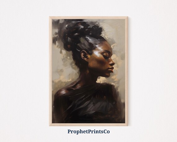 Black Woman Profile Dark Hair Bun Serene Oil Painting Art Poster