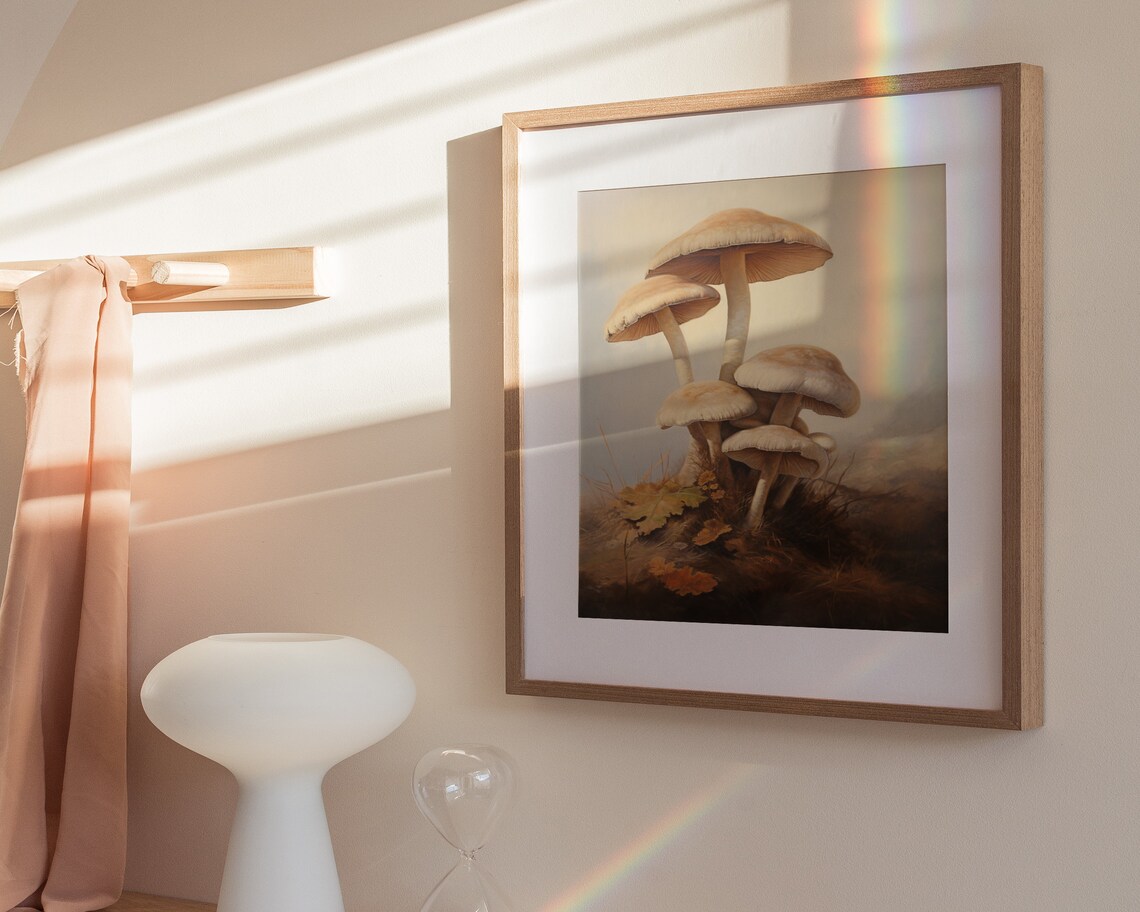 Tan Mushroom Cluster with Autumn Leaves Vintage Forest Floor Painting Poster - Image 3